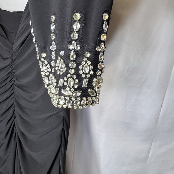 Mac Duggal Black Foldover Long Sleeve Jeweled Midi Dress One-Shoulder Long 10 - Picture 12 of 16
